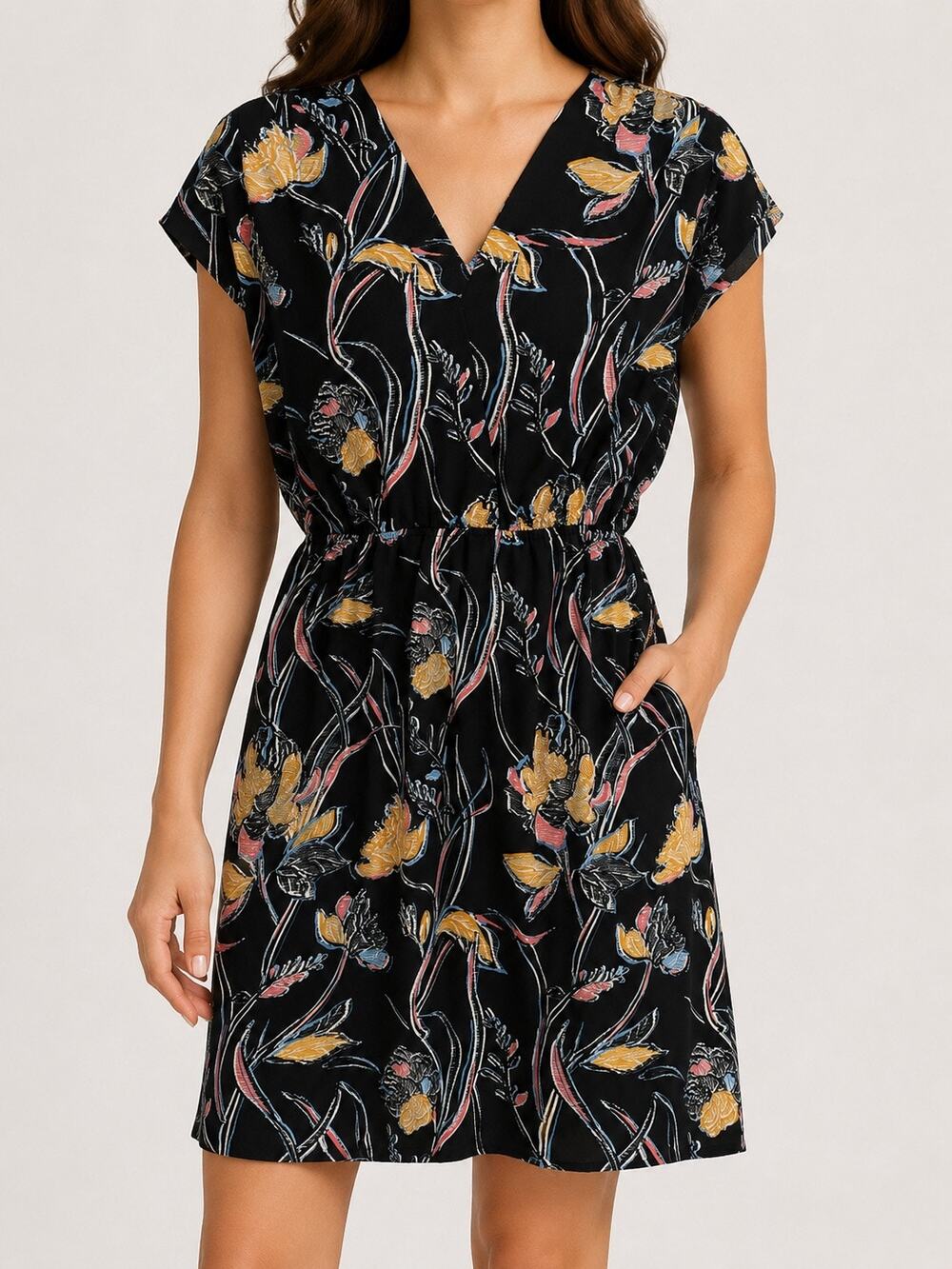 Halogen Women Small Black Floral Surplice Cinch Waist Short Sleeve Dress Summer